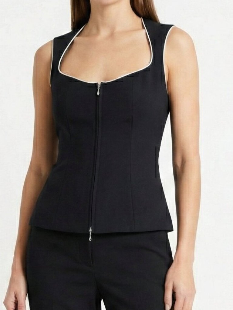 Anne Fontaine Black Structured Vest Corset Back White Trim Sleeveless Xs Eu 36